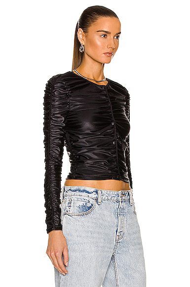 RUCHED FAUX-LEATHER CARDIGAN