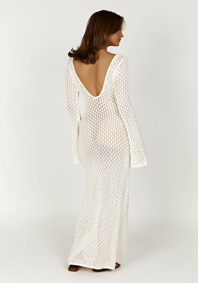 KAYLEIGH CROCHET FISHTAIL FLARE SLEEVE MAXI DRESS IN WHITE