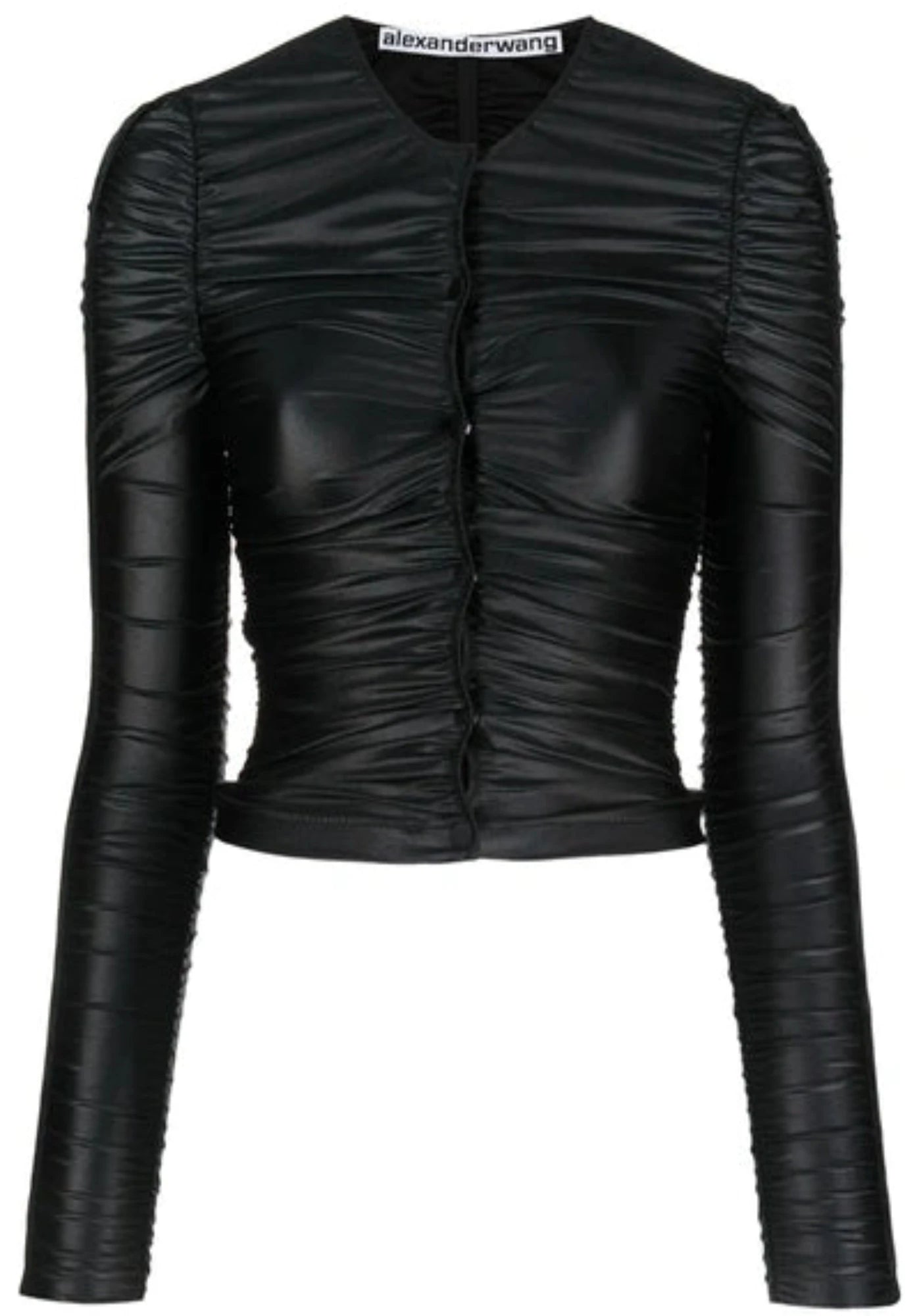 RUCHED FAUX-LEATHER CARDIGAN