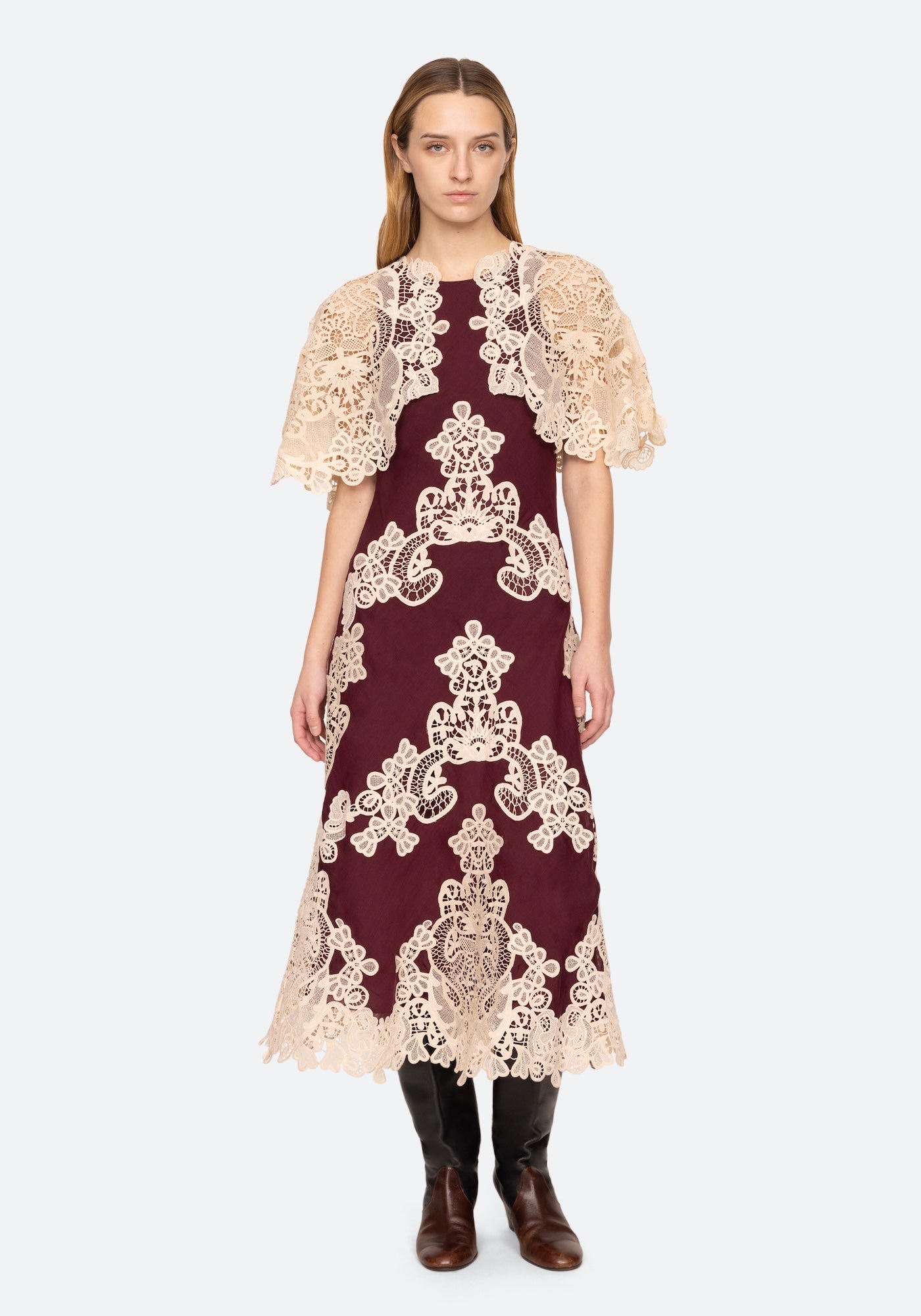 MEDINA LACE MIDI DRESS IN BURGUNDY