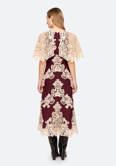 MEDINA LACE MIDI DRESS IN BURGUNDY