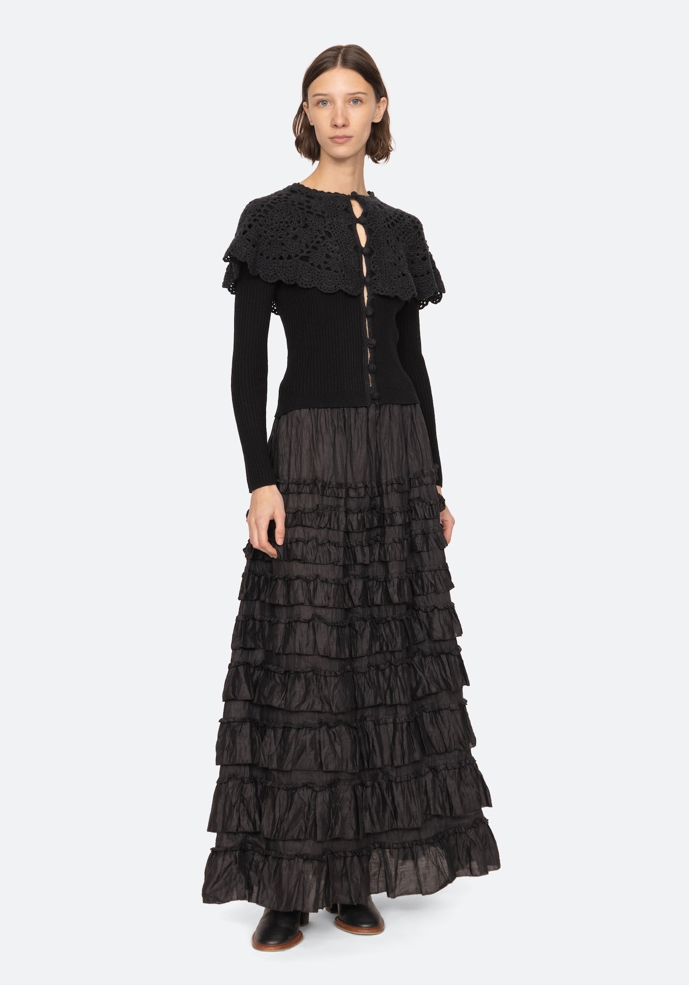 NARA CROCHET LONG SLEEVE CARDIGAN CAPELET IN BLACK