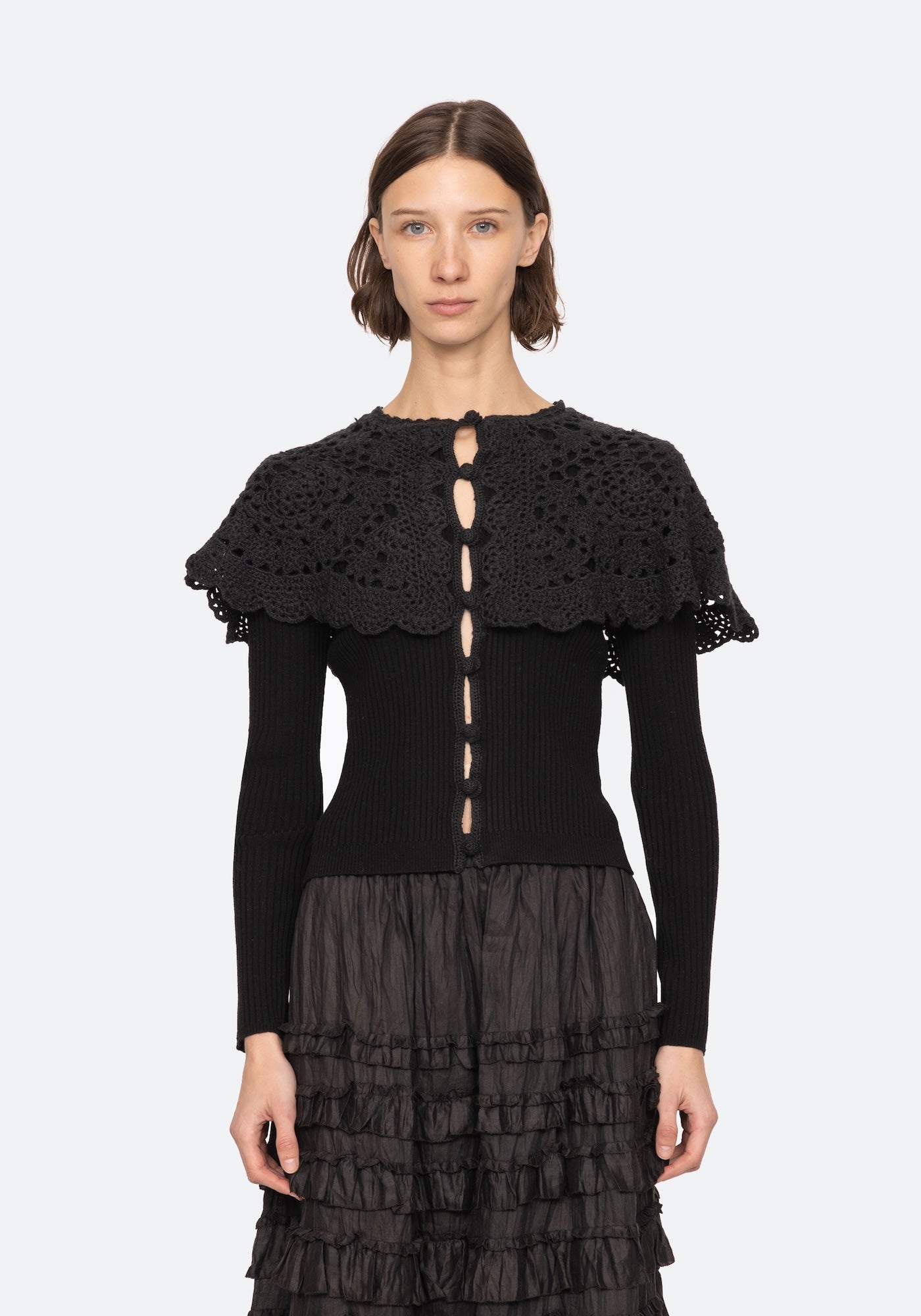 NARA CROCHET LONG SLEEVE CARDIGAN CAPELET IN BLACK