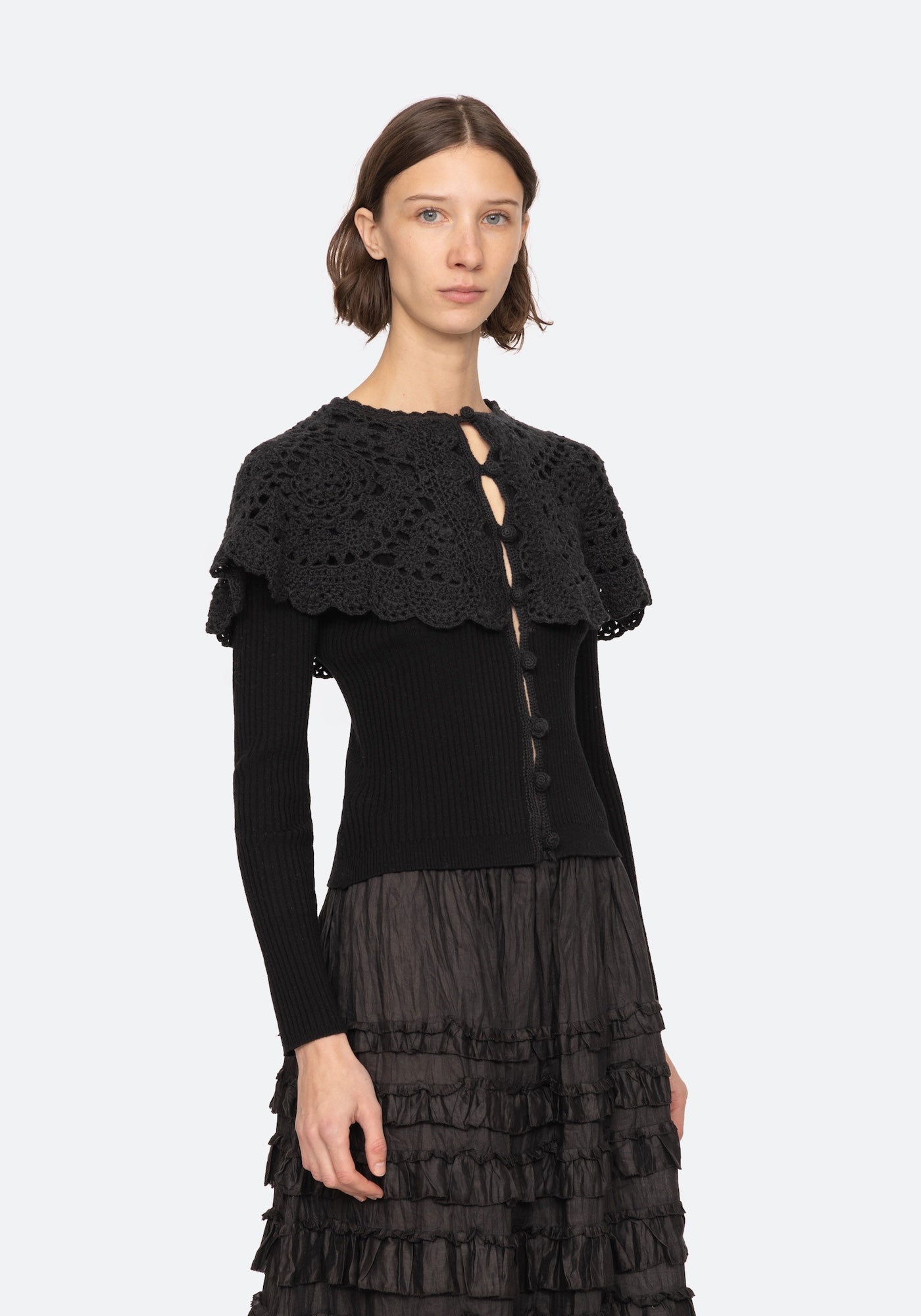 NARA CROCHET LONG SLEEVE CARDIGAN CAPELET IN BLACK