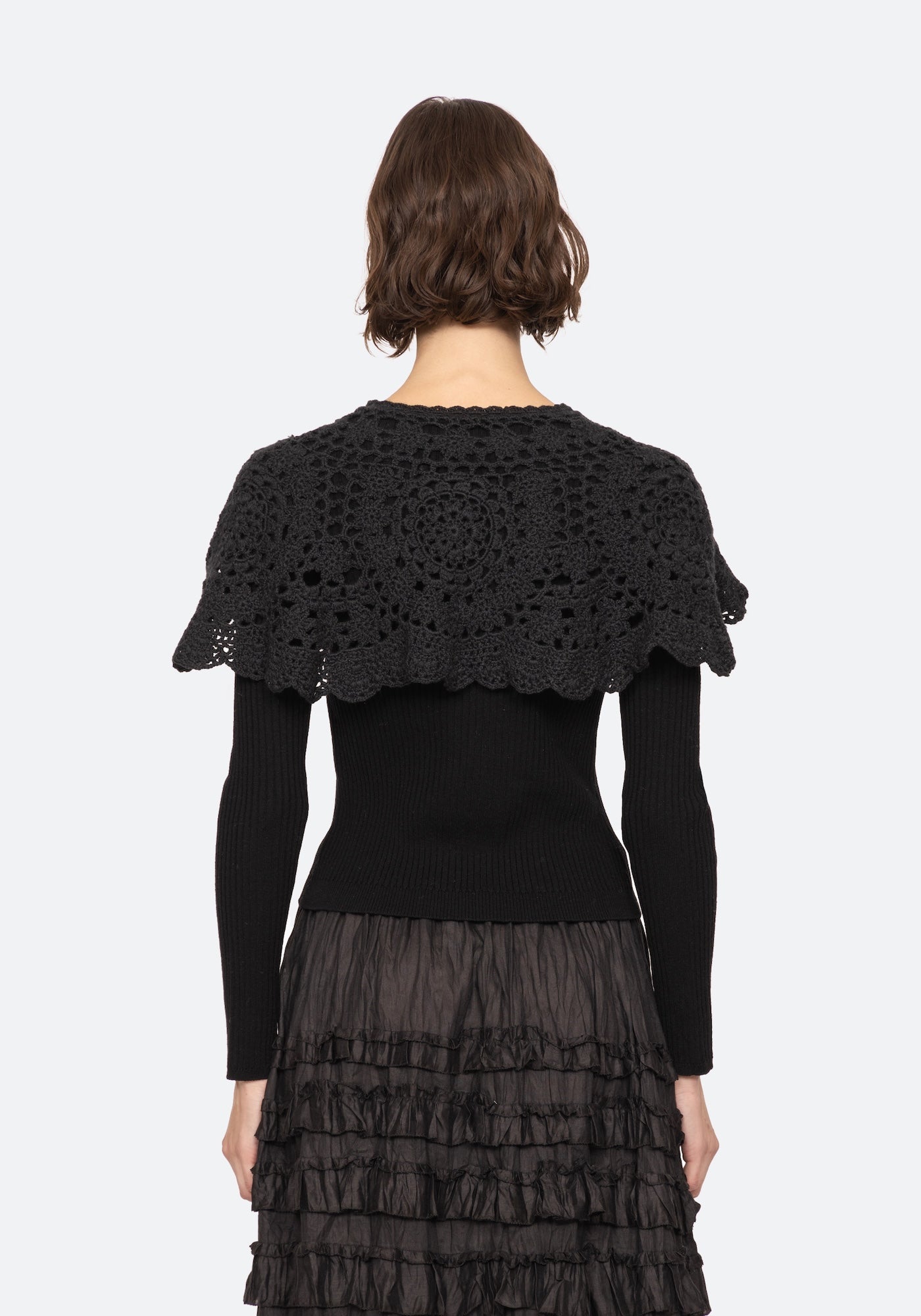 NARA CROCHET LONG SLEEVE CARDIGAN CAPELET IN BLACK