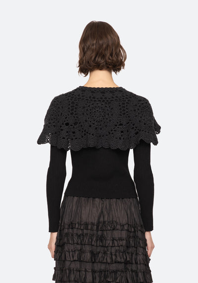 NARA CROCHET LONG SLEEVE CARDIGAN CAPELET IN BLACK