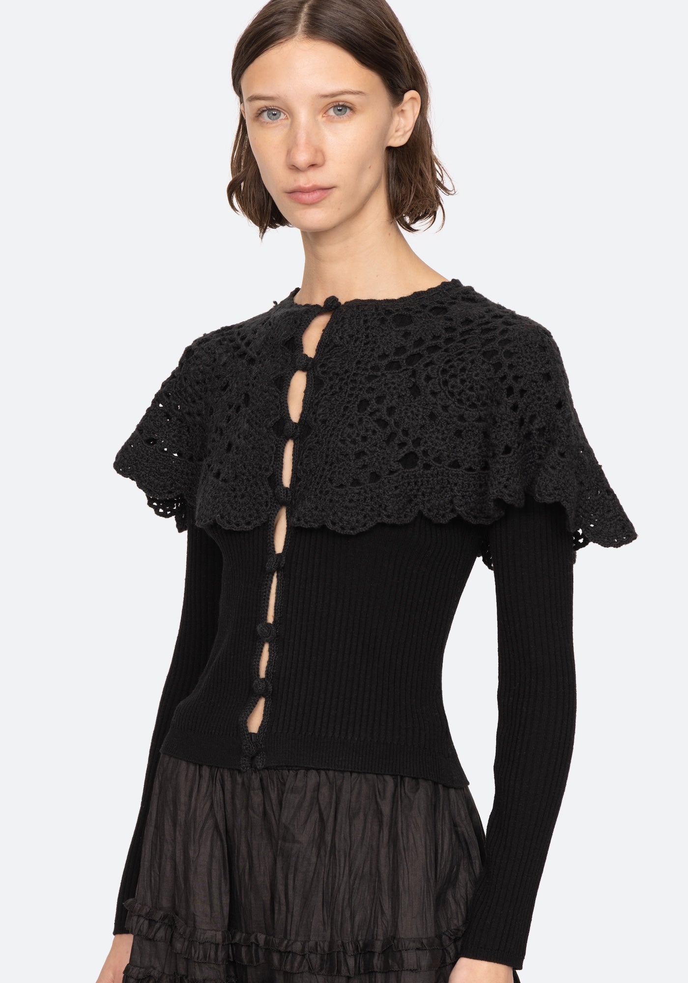 NARA CROCHET LONG SLEEVE CARDIGAN CAPELET IN BLACK