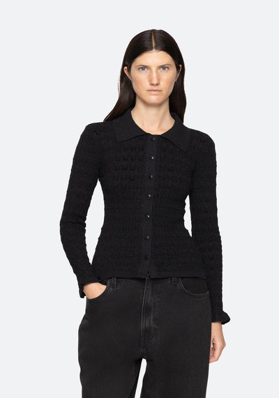RUBY KNIT LONG ELEEVE POLO IN BLACK