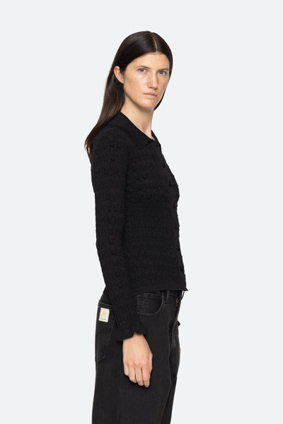 RUBY KNIT LONG ELEEVE POLO IN BLACK