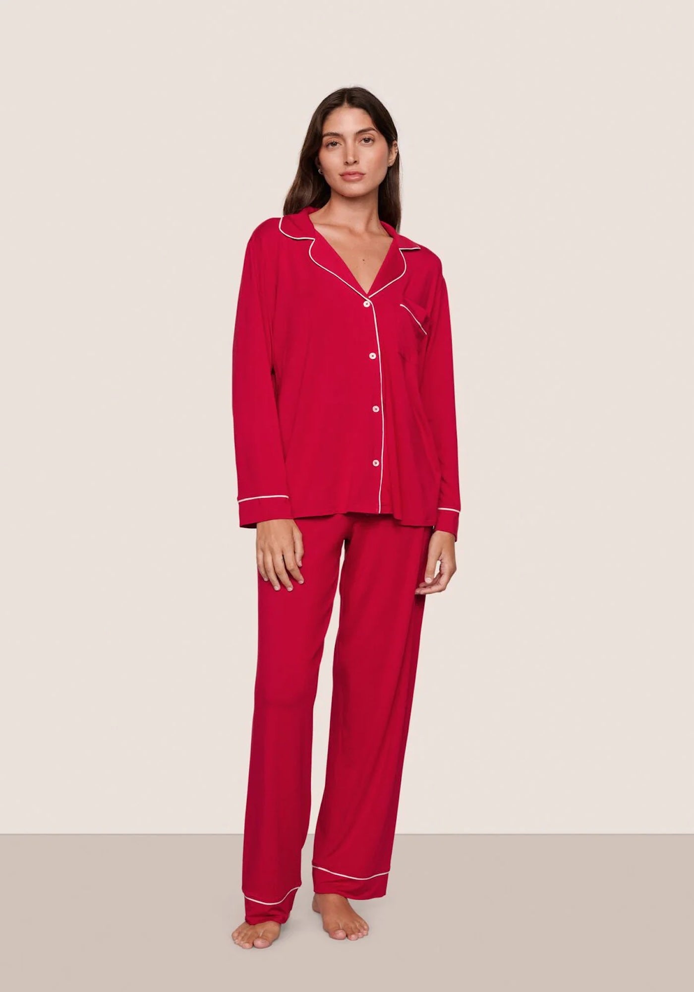 GISELE LONG PJ SET RIBBON IN HOLLY RED/IVORY