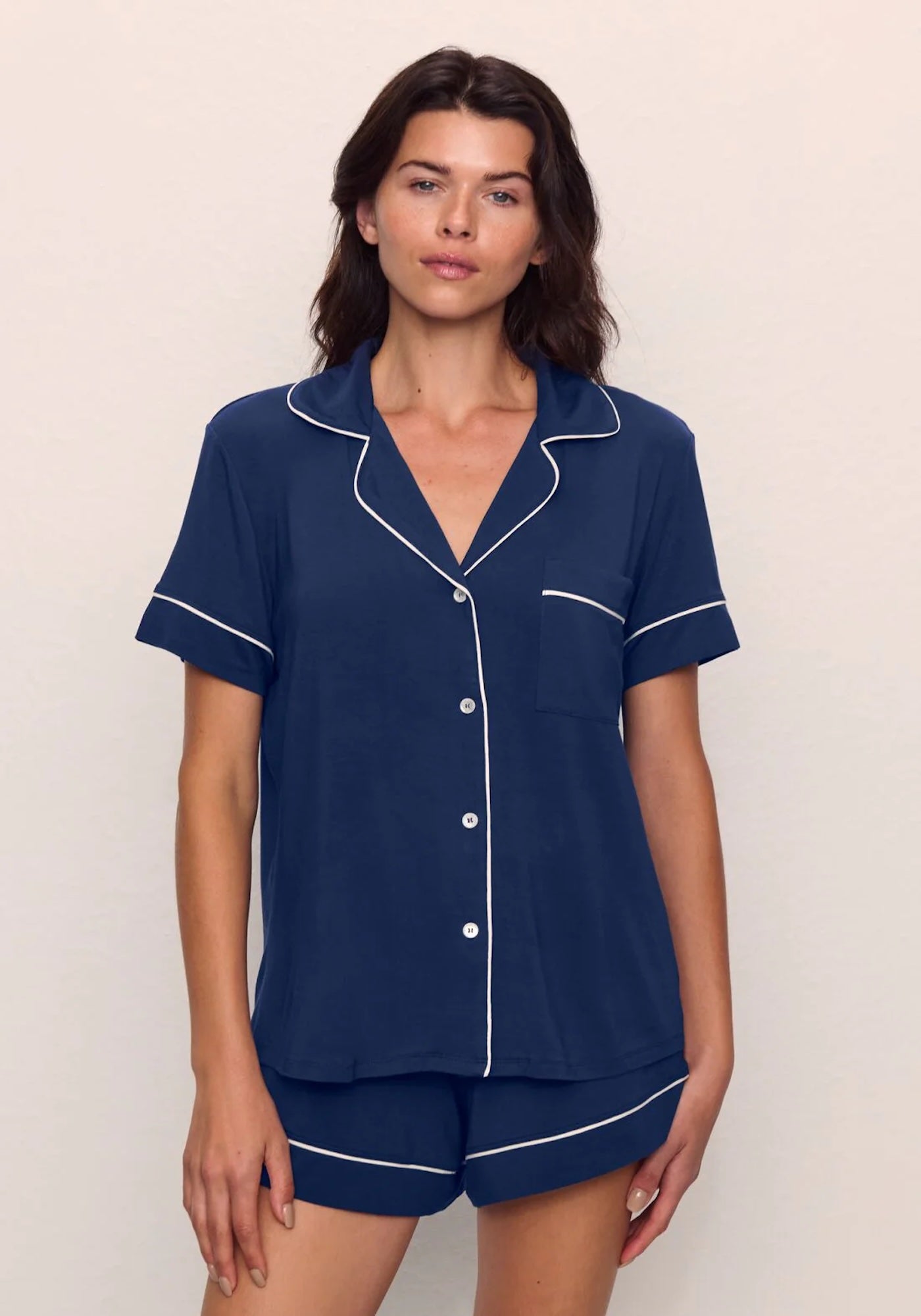GISELE THE RELAXED SHORT PJ SET IN NAVY/IVORY