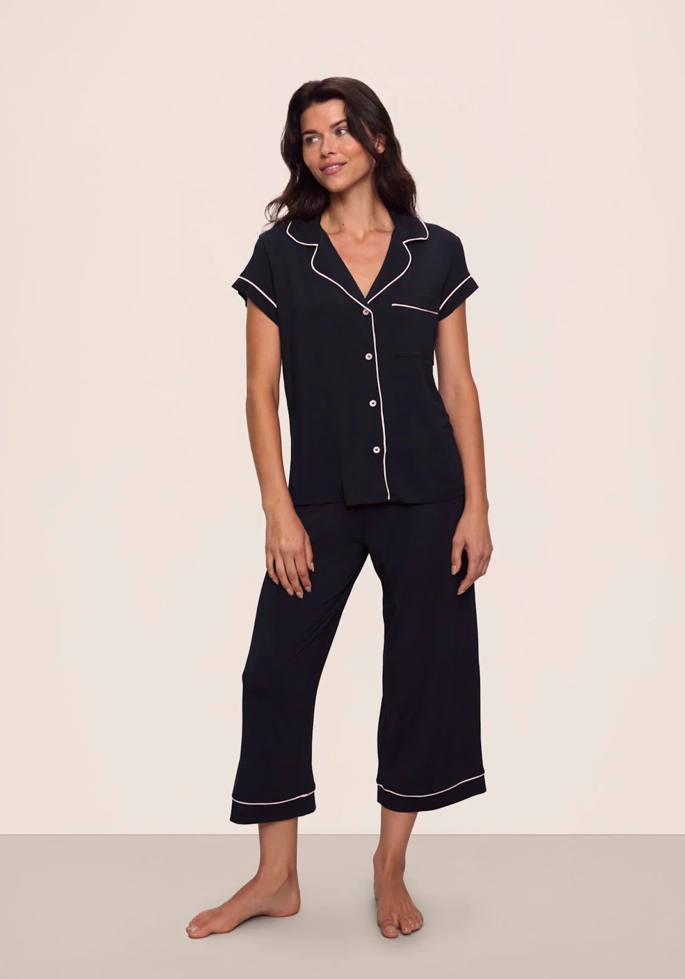 GISELE THE S/S CROP PJ SET IN BLACK/SORBET PINK