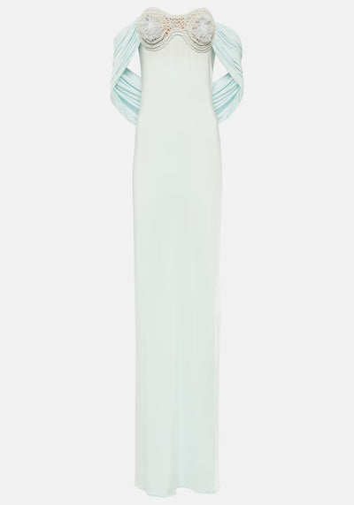 CROCHET-TRIMMED OFF-SHOULDER MAXI DRESS