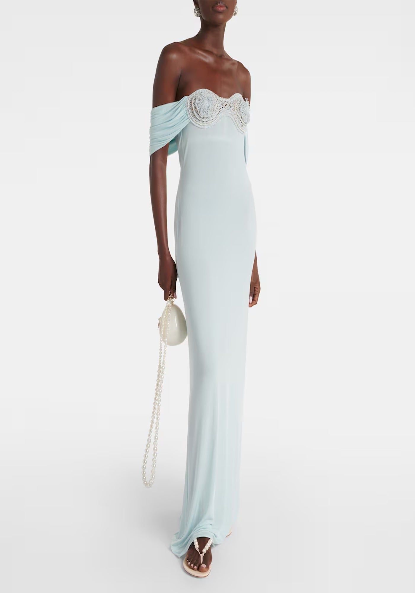 CROCHET-TRIMMED OFF-SHOULDER MAXI DRESS