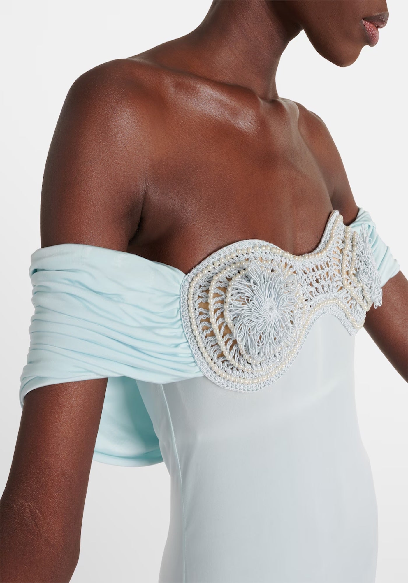 CROCHET-TRIMMED OFF-SHOULDER MAXI DRESS