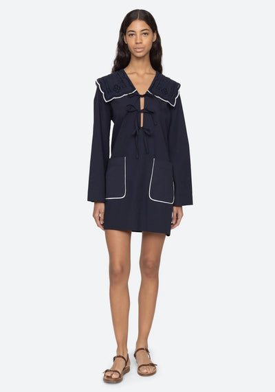 MARIE EMBROIDERY DRESS IN NAVY