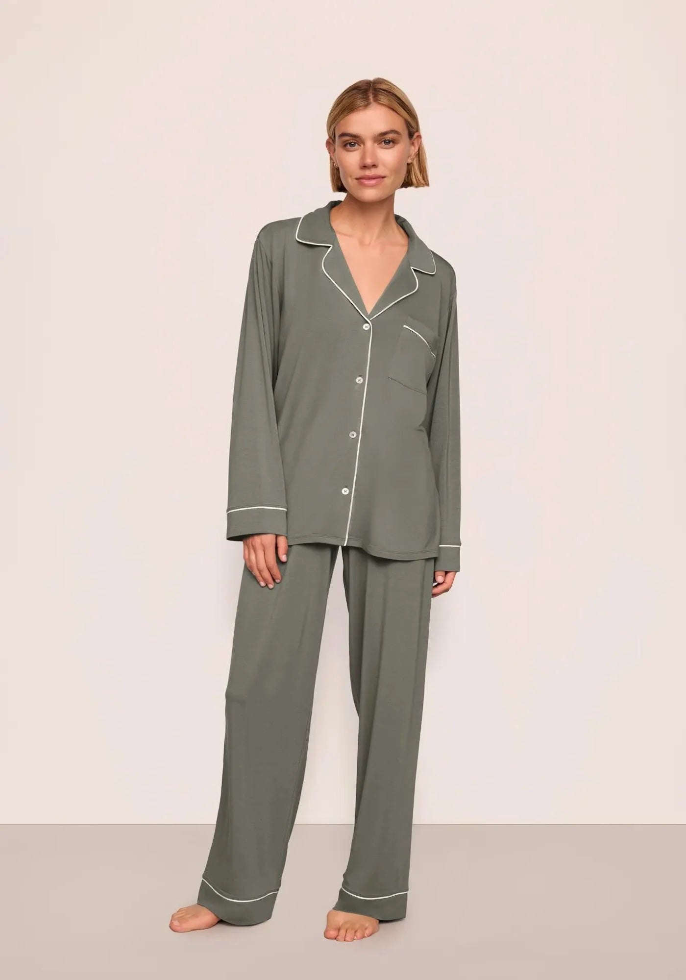 GISELE LONG PJ SET IN SMOKEY OLIVE/IVORY SOLIV