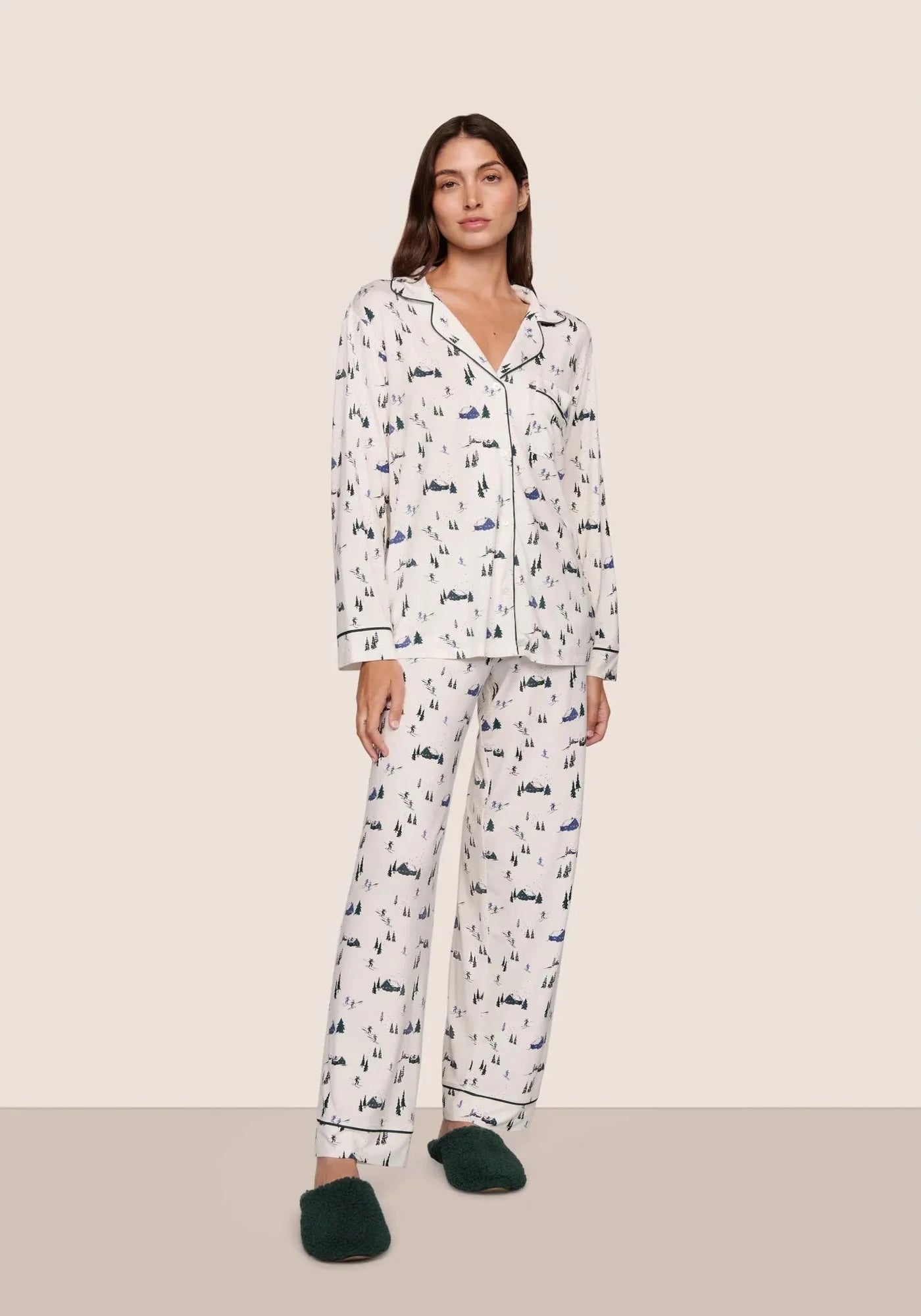 GISELE PRINTED LONG PJ SET RIBBON IN SKI CHALETIVORY/PINE