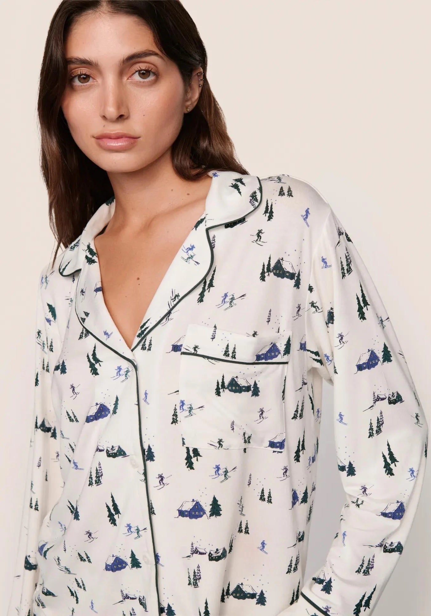 GISELE PRINTED LONG PJ SET RIBBON IN SKI CHALETIVORY/PINE