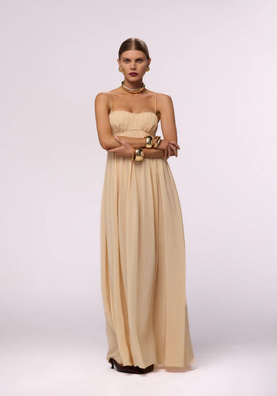 RUCHED CHIFFON DRESS IN GOLD