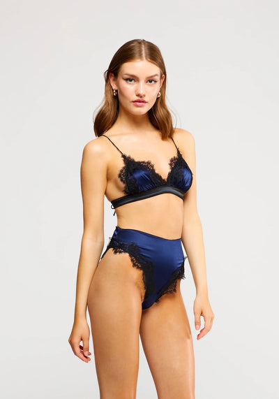 SATIN TRAVAILLE TWO PIECE HIGH WAISTED IN NIGHT BLUE